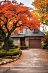 Fototapeta na wymiar Beautiful Suburban Home residential neighborhood Autumn Season Day Blue Sky