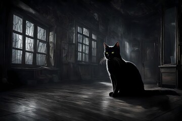 a black cat in a haunted house background.