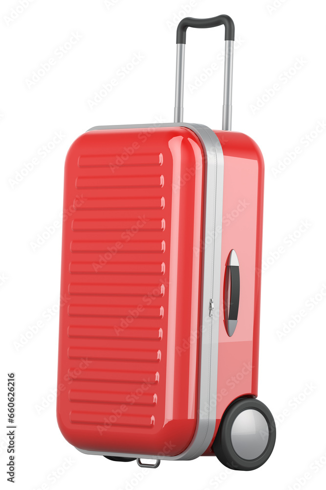 Poster red hardside luggage with spinner wheels and telescoping handle, 3d rendering isolated on transparen