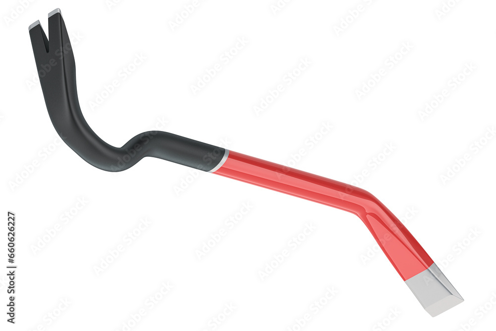 Poster crowbar, pry bar with angled chisel end, forged steel construction. 3d rendering isolated on transpa