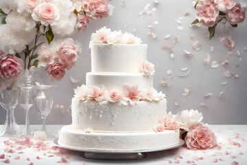a white wedding cake on a floral background.