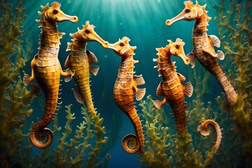 A group of seahorses holding onto seaweed. - obrazy, fototapety, plakaty