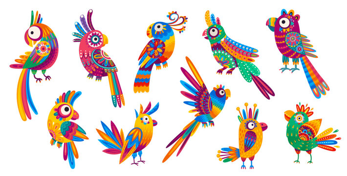 Cartoon Mexican and Brazilian parrot characters, kids funny birds with vector colorful ornament pattern. Mexico or Brazil parrot birds with folk ethnic ornament or Latin alebrije art on tropical birds