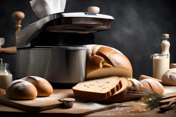 Tuinposter an image of a digital bread maker kneading and baking a fresh loaf of artisanal bread. © Fahad