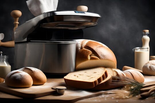 an image of a digital bread maker kneading and baking a fresh loaf of artisanal bread.