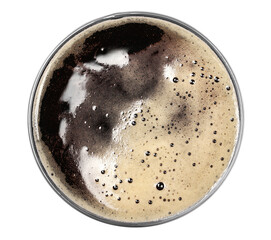 Glass of dark stout beer with foam, isolated on white, top view clipping path 