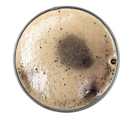 Glass of dark stout beer with foam, isolated on white, top view clipping path 