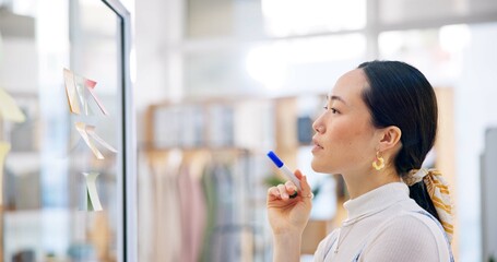 Thinking, planning board and Asian woman, designer and analysis of research project, ideas or...