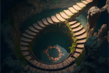 big stone staircase into a huge cenote sinkhole bird view unreal engine 8k 