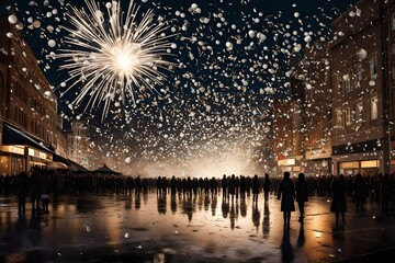 a traditional New Year's Eve ball drop in a bustling city square. - obrazy, fototapety, plakaty