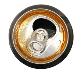 Open aluminum can of dark stout beer with foam, isolated on white, top view, clipping
