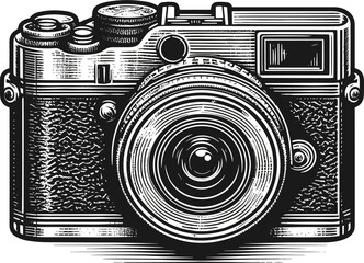 Vintage camera, engraved style front view, vector illustration isolated, black and white