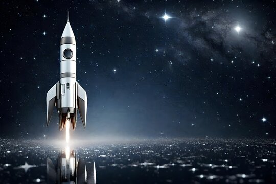 a silver rocket on a starry night background.