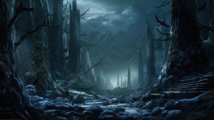 Obraz premium Jotunheim Realm of the Giants. Fantasy Norse Mythology And Viking Mythology. With Big Trees. Nordic Mythology Landscape. Generative AI