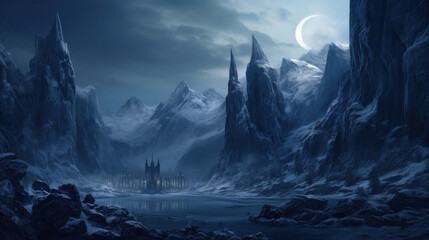 Jotunheim Realm of the Giants, Cold And Dark. Fantasy Norse Mythology And Viking Mythology. Nordic Mythology Landscape. Generative AI - obrazy, fototapety, plakaty