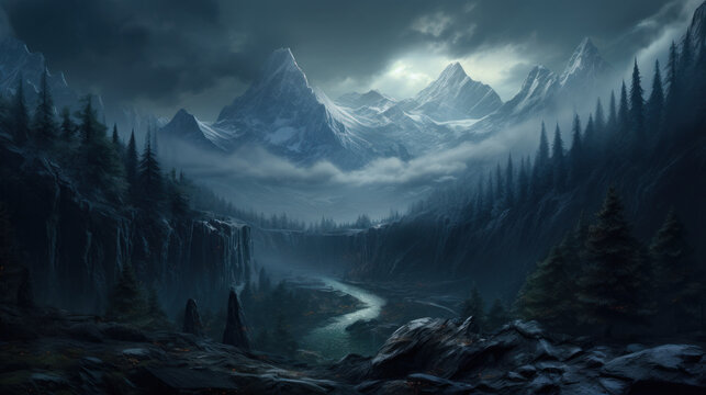 Jotunheim Realm of the Giants, Cold And Dark. Fantasy Norse Mythology And Viking Mythology. Nordic Mythology Landscape. Generative AI