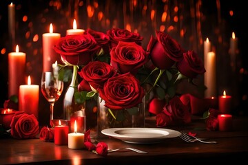 a red rose bouquet on a romantic candlelit dinner background.