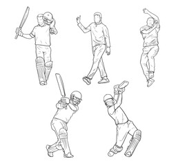 cricket players cheering and celebrating wining action figure line art illustrations