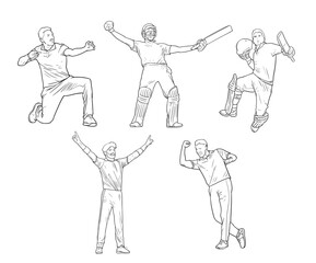 cricket players cheering and celebrating action figure line art illustrations