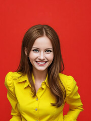 Naklejka premium Beautiful model single business Women, who is smiling and laughing, Yellow bright clothes with solid color background, ai generated photo