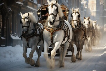 Naklejka na ściany i meble Horses Pulling a Carriage in Snow