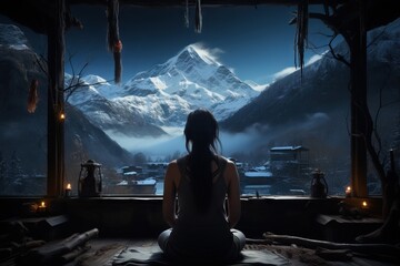 Fototapeta premium Peaceful meditation spot overlooking a striking snowy mountain, decorated with rustic charm