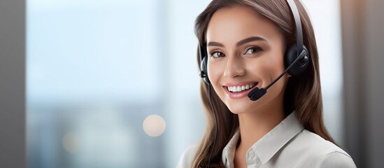 beautiful female friendly customer support service operator with headset working in call center.