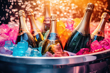 Vibrant champagne bottles nestled among colorful glowing ice, with shimmering droplets in the backdrop.