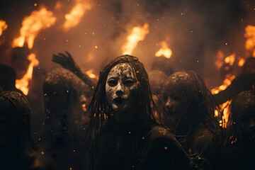 A macabre celebration. Samhain. Fire surrounds the scene, shedding an eerie light on torches, lifeless mannequins, and eerie disguises.