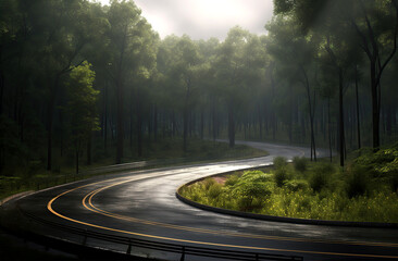 Landscape with empty road through woods. Travel. Created with Generative AI