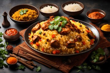 an exotic plate of biryani with all the ingredients.