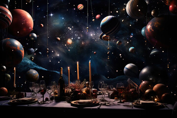 Celestial dining scene with hanging planets, starry backdrop, and elegant tableware.