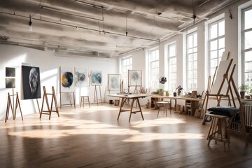 a spacious art studio with natural light.