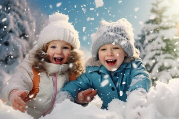 Delighted children enjoying a snowy day, gleefully playing amidst falling snowflakes.