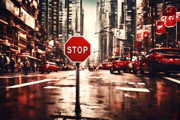 a red stop sign on a busy street background.