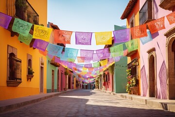 Picturesque cobblestone street lined with brightly colored buildings and festive papel picado banners