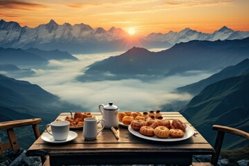 Serene Breakfast mountains winter. Dinner terrace. Generate Ai - obrazy, fototapety, plakaty