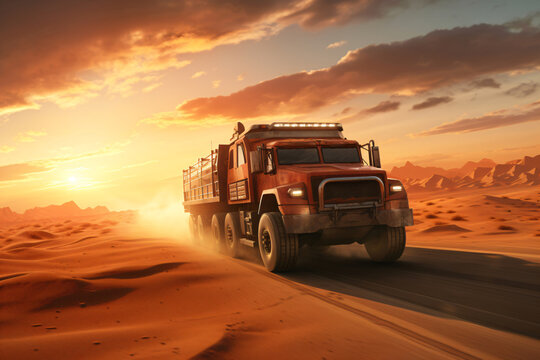 fast military truck driving on the desert road at sunset