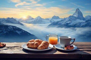 Majestic Breakfast mountains winter. Dinner terrace. Generate Ai - obrazy, fototapety, plakaty