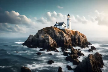  a white lighthouse on a rocky coastal cliff background. © Fahad