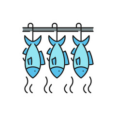 Fishing industry smoked or dried fish line icon. Seafood production industry, offshore fishing business or manufacture industry line vector icon. Fish food processing outline symbol or sign