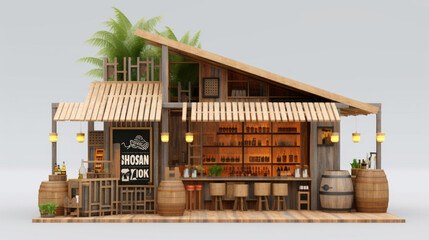 Design a small liquor store in Isaan Thailand made from materials available locally.