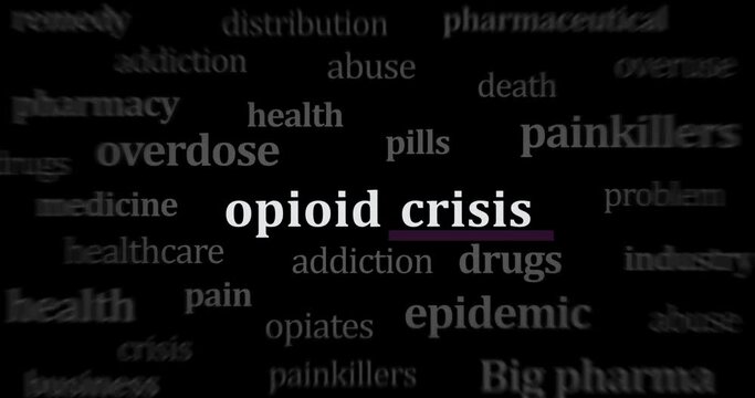 Opioid crisis opiates epidemic and painkiller abuse headline news across international media. Abstract concept of web news titles broadcast on screens loop. Seamless looped animation.