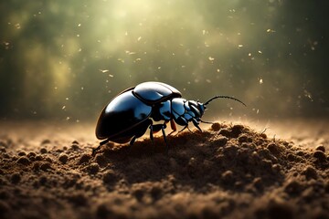 A beetle rolling a ball of dung. - obrazy, fototapety, plakaty