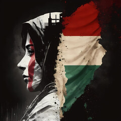 Palestine struggle concept. Palestinian girl, profile portrait with Palestinian flag.
