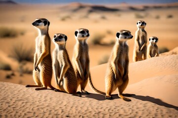 A family of meerkats on the lookout in the desert. - obrazy, fototapety, plakaty