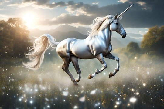 a silver unicorn galloping in a magical meadow background.