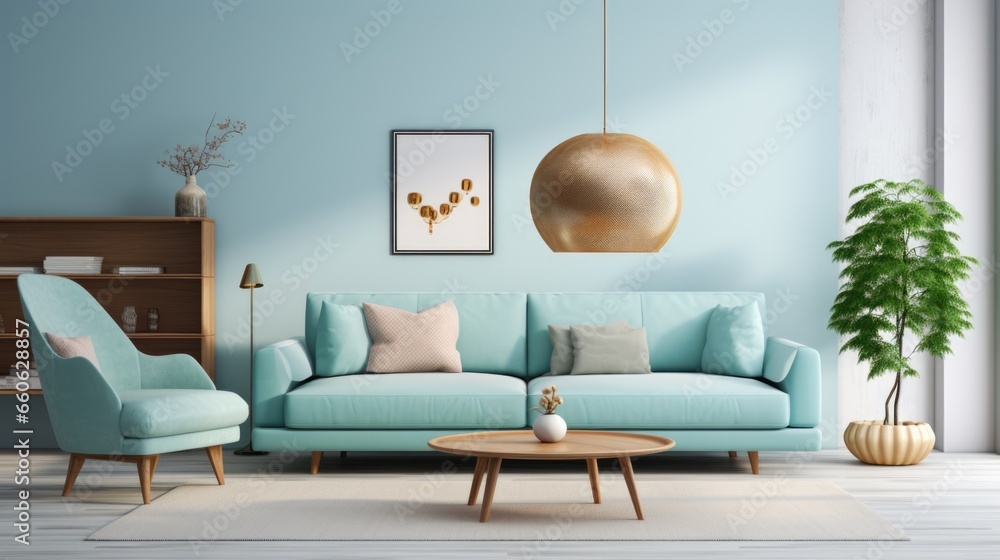 Wall mural a living room with a blue couch and a wooden table