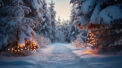 A snowy path with christmas lights in the trees