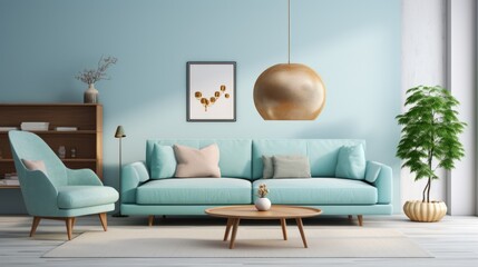 A living room with a blue couch and a wooden table